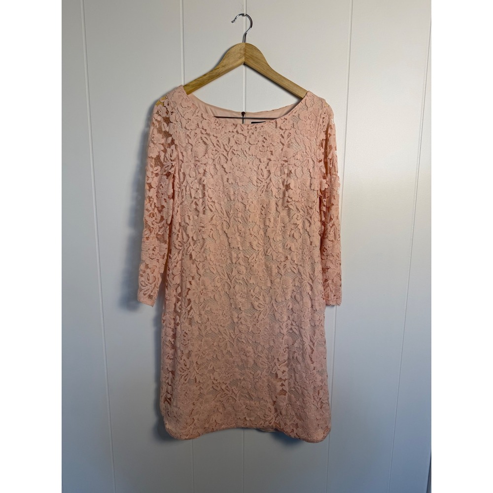 Vince Camuto‎ Lace Sheath Dress 14 Blush Pink Floral 3/4 Sleeve Boat Neck Zipper